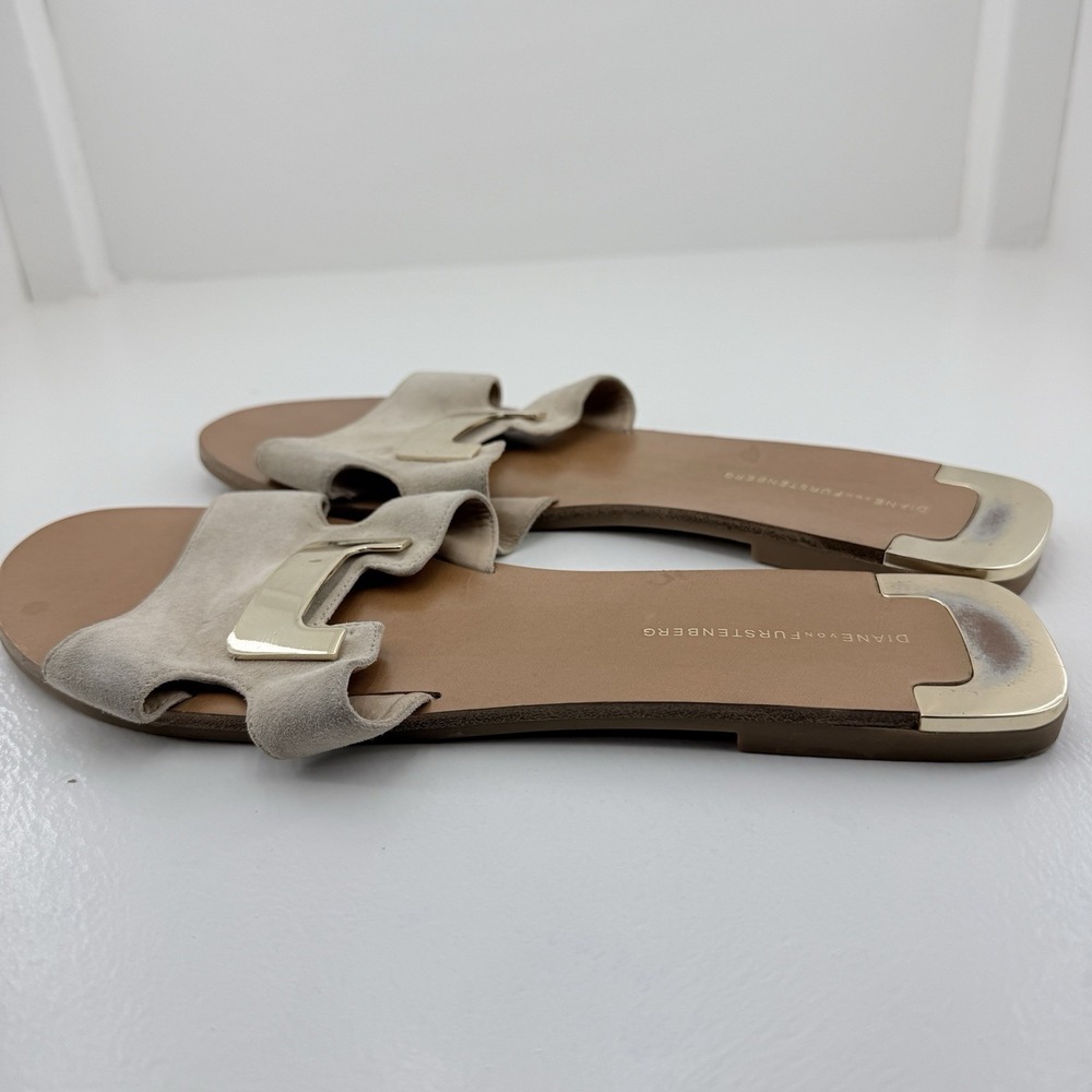 Diane von Furstenberg Tan Brown Suede Leather Flat Slide Sandals Women's Size 10 - Picture 4 of 9